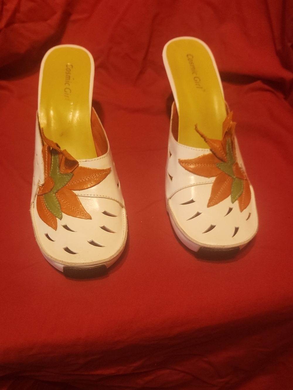 White Slip-On Mules with Orange Floral Accent
